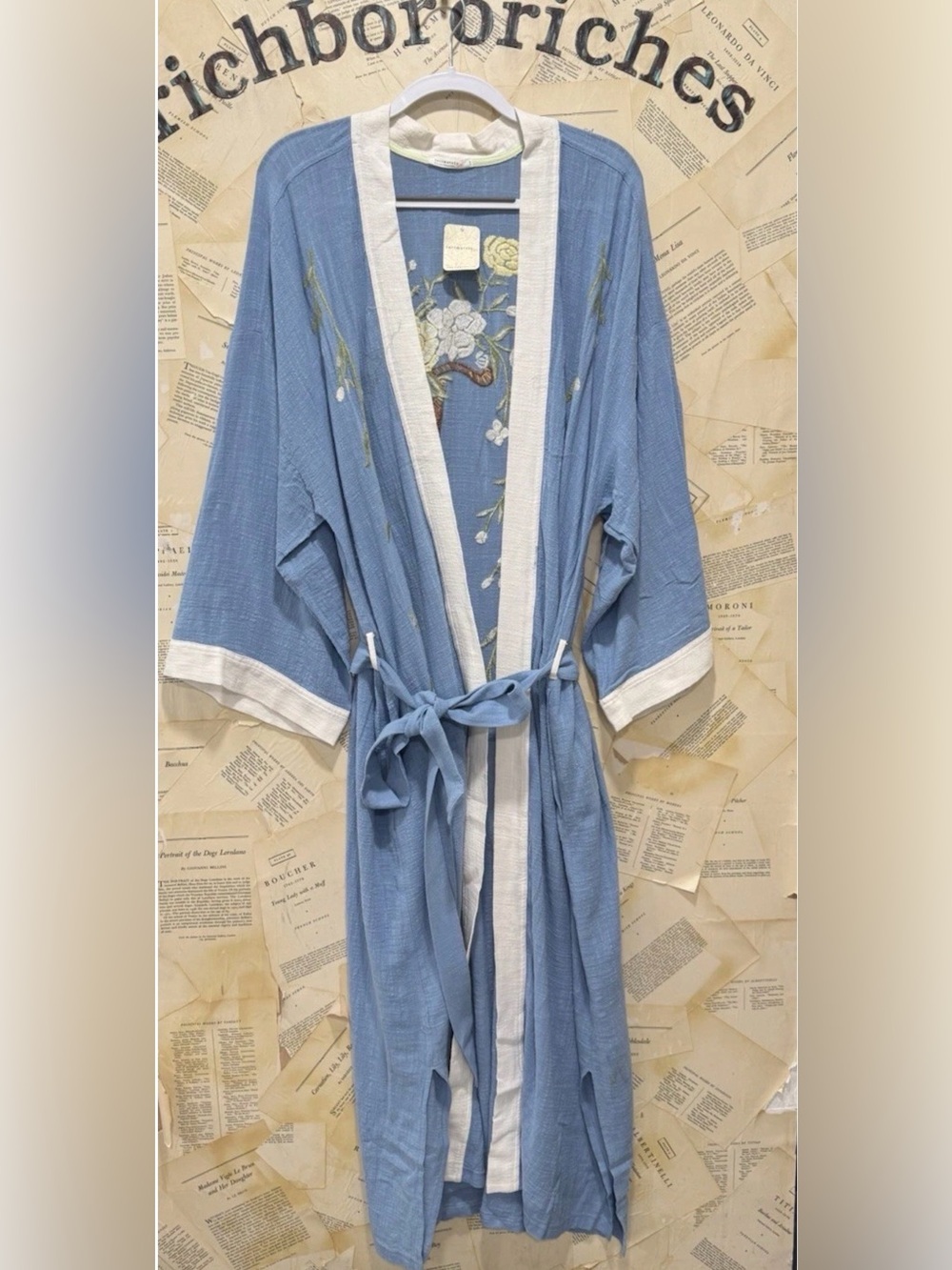 Free People Don't Worry Baby Robe Floral Embroidery Waist Tie Dusk Blue - Picture 4 of 6